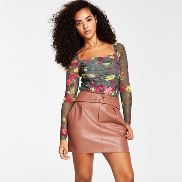 Bar III Square Neck Semi Sheer Green Floral Ruffled Body Con Fitted Blouse - Picture 1 of 10